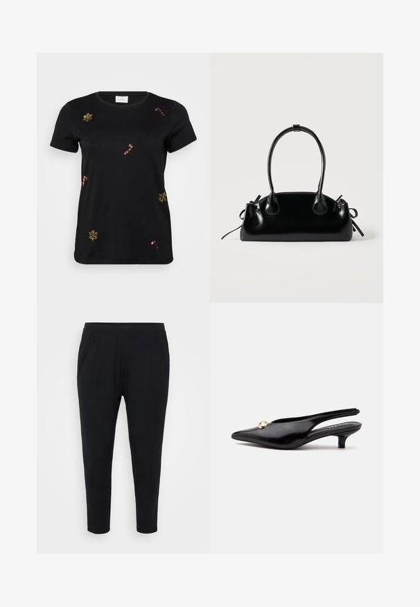 Sort kortærmet t-shirt med guld broderede snefnug og slikstokke, med en klassisk rund halsudskæring og blødt bomuldsstof.; Sorte bukser med en afslappet pasform, elastisk talje og diskrete plader. Fremstillet af et blødt materiale, med tætsiddende ben og uden lommer.; Sort laklæderslingback med lille hæl, spids tå og en lille rund guldbesætning på toppen.; Lille sort blank håndtaske med to lange håndtag og snøre-detaljer i siden på en ensfarvet lys baggrund.