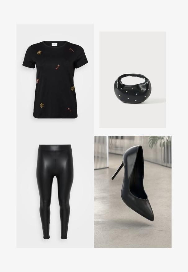 Zwarte t-shirt met korte mouwen, versierd met gouden geborduurde sneeuwvlokken en suikerstokken, met een klassieke ronde halslijn en zachte katoen. ; Zwarte leggings van een glad, glanzend materiaal. Hoge tailleband, strakke pasvorm en geen zichtbare naden of patronen.; Zwarte leren hoge hak pump met spitse neus, slank ontwerp en geen zichtbare hardware. Gladde textuur en minimalistische stijl.; Zwarte leren handtas met een afgeronde vorm, versierd met zilveren studs, en een korte handgreep. Gladde textuur en ritsluiting.