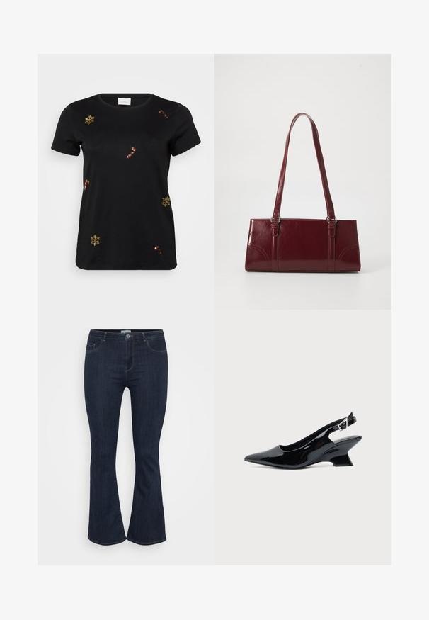 Schwarzes T-Shirt mit kurzen Ärmeln, das mit goldenen, gestickten Schneeflocken und Zuckerstangen verziert ist. Es hat einen klassischen Rundhalsausschnitt und besteht aus weicher Baumwolle.; Dunkelblaue, hoch taillierte Jeans aus Denim mit schmalem Oberschenkel und leicht ausgestelltem Beinende, ausgestattet mit Fronttaschen und einem Knopfverschluss.; Schwarzer Slingback-Schuh aus Lackleder mit spitzer Spitze und niedrigem, schrägem Blockabsatz auf einfachem hellem Hintergrund.; Burgunderfarbene Handtasche aus glänzendem Material, rechteckige Form, mit zwei Schulterriemen und subtilen, geschwungenen Akzenten an der Vorderseite.