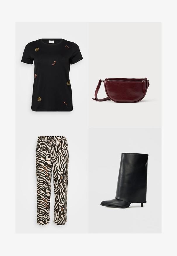 Sort kortærmet t-shirt med guld broderede snefnug og slikstokke, med en klassisk rund halsudskæring og blødt bomuldsstof.; Bindebåndsbukser i lette stoffer med et sort-hvidt zebra mønster og brune accenter. Løs pasform og cropped længde.; Sort læderankelstøvle med et struktureret, ombukket design, spids tå og en tynd hæl. Glat tekstur med minimalt detaljer.; Vinrød læderhåndtaske med halvmåneform, lynlås og aftagelig rem. Glat tekstur med en subtil glans.
