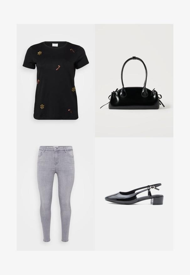 Sort kortærmet t-shirt med guld broderede snefnug og slikstokke, med en klassisk rund halsudskæring og blødt bomuldsstof.; Grå skinny jeans lavet af denim, med klassisk fem-lomme design, lynlås i front og en glat overflade med let stræk.; Sorte laklæder slingback sko med spids tå, udskårne sider og en lav blokhæl. Har en ankelrem med spænde.; Lille sort blank håndtaske med to lange håndtag og snøre-detaljer i siden på en ensfarvet lys baggrund.