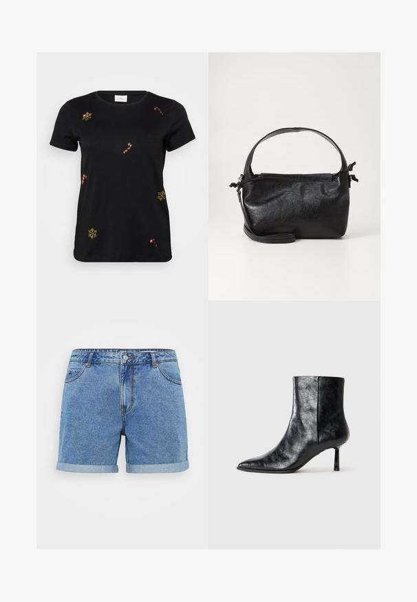 Sort kortærmet t-shirt med guld broderede snefnug og slikstokke, med en klassisk rund halsudskæring og blødt bomuldsstof.; Lysblå denimshorts med opfoldet kant, fem-lomme design, knaplukning og syede detaljer. Fremstillet af bomuldsstof.; Sort læder ankelstøvle med spids tå og en tynd, kort hæl. Har en tekstureret overflade og et rent design med en sømløs side.; Sort læderhåndtaske med et struktureret design, rund tophåndtag og aftagelig skulderrem. Den har en glat tekstur og en subtil glans.