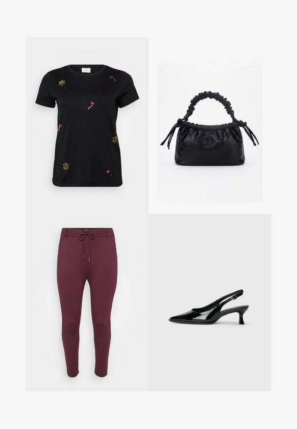 T-shirt noir à manches courtes avec des flocons de neige et des cannes en bonbon brodés en or, avec un col rond classique et un tissu en coton doux.; Pantalons extensibles bordeaux avec une taille à cordon de serrage, présentant une coupe ajustée et des jambes fuselées, affichés sur un fond blanc.; Escarpins en cuir verni noir avec un bout pointu et un petit talon carré. Sangle réglable à la cheville avec boucle.; Sac à main noir avec texture crocodile, bord supérieur froncé, poignée plissée et pompons à cordon de chaque côté sur fond blanc.