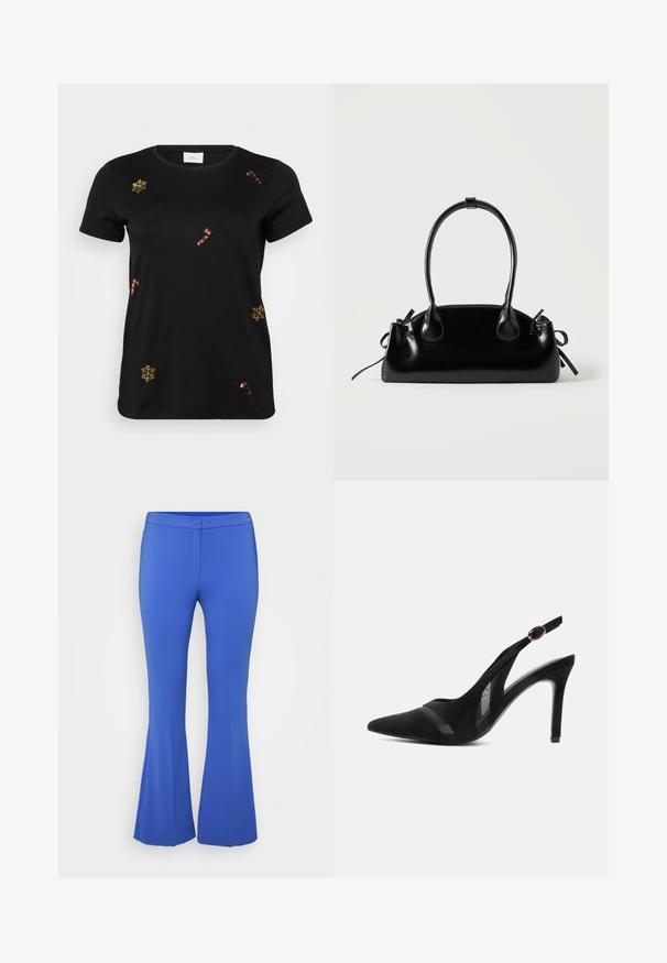 Schwarzes T-Shirt mit kurzen Ärmeln, das mit goldenen, gestickten Schneeflocken und Zuckerstangen verziert ist. Es hat einen klassischen Rundhalsausschnitt und besteht aus weicher Baumwolle.; Blaue ausgestellte Hose aus glattem Stoff, mit einem Knopfverschluss vorne und seitlichen Taschen. Schmal geschnitten mit leichtem Glanz.; Schwarzer Wildleder-Spitzpumps mit Slingback, Mesh-Akzenten, dünnem hohem Absatz und goldenem Schnallenriemen vor einfachem Hintergrund.; Kleine schwarze glänzende Handtasche mit zwei langen Griffen und seitlichen Kordelzug-Details vor einfachem hellem Hintergrund.