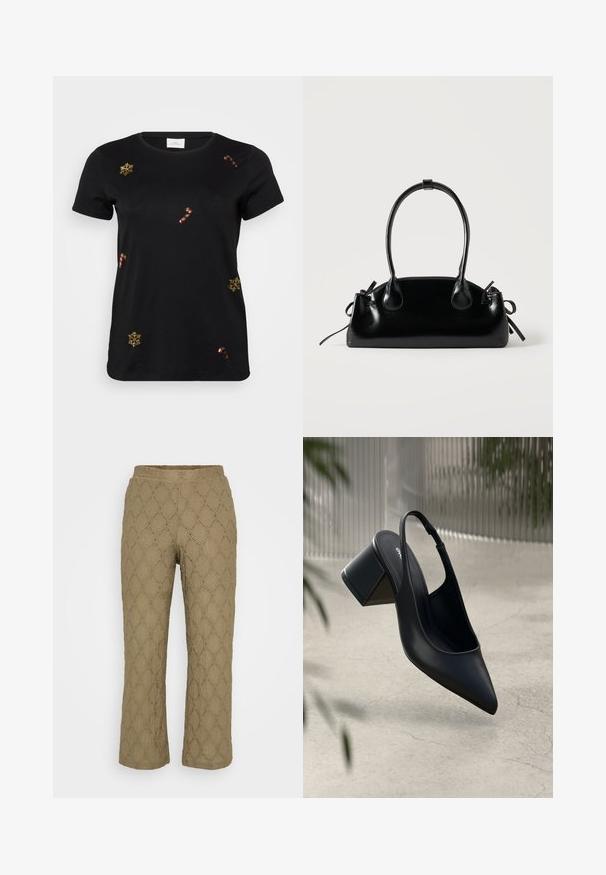 Sort kortærmet t-shirt med guld broderede snefnug og slikstokke, med en klassisk rund halsudskæring og blødt bomuldsstof.; Khaki bukser med et struktureret diamantmønster og små udsparinger. Har et bredt elastisk taljebånd og et lige ben design.; Sort læder slingback hæl med spids tå og blokhæl. Glat tekstur, minimalistisk design og justerbar ankelrem.; Lille sort blank håndtaske med to lange håndtag og snøre-detaljer i siden på en ensfarvet lys baggrund.