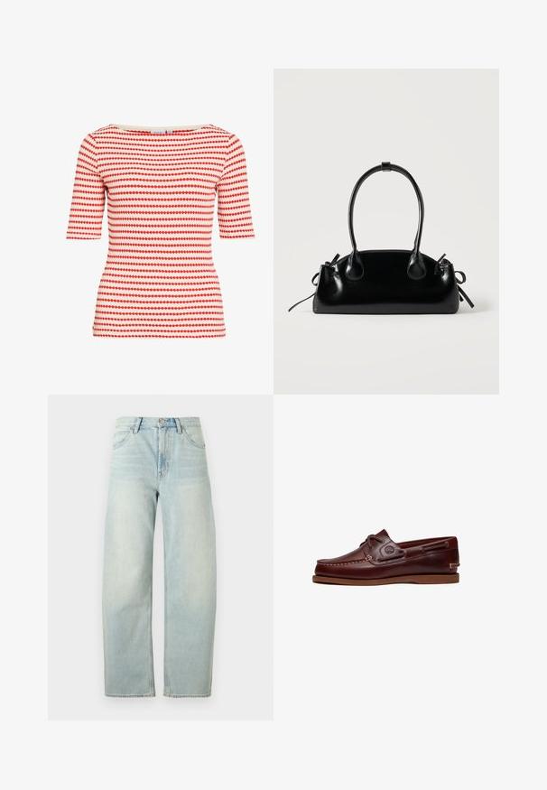 Kort mouwtjes passend shirt met horizontale rijen kleine rode diamantvormen op een witte achtergrond, ronde halslijn.; Lichtblauwe high-waist recht gesneden jeans met knoop aan de voorkant en zakken, getoond tegen een effen witte achtergrond.; Bruine leren boot schoen met veters, stiksel details en Timberland-logo aan de zijkant, weergegeven op een witte achtergrond.; Kleine zwarte glanzende handtas met twee lange hengsels en zijkant trekkoord details op een effen lichte achtergrond.