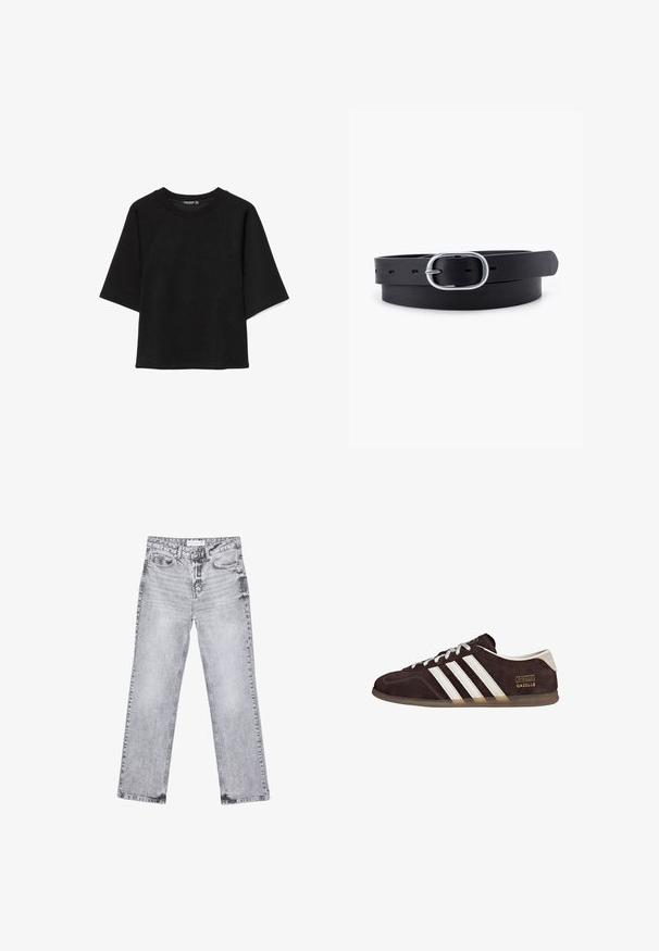 Schwarzes, oversized Sweatshirt mit kurzen Ärmeln, Rundhalsausschnitt und lockerem Sitz, präsentiert auf weißem Hintergrund.; Graue Jeans aus Denim mit geradem Bein, mit Used-Effekten, fünf Taschen und kupferfarbenen Nieten. Der Bund verfügt über ein Logoshirt.; Braune Wildleder-Sneaker mit drei weißen Streifen, Gummisohle und Textlabel "Gazelle" in Gold. Schnürdesign mit grauen Schnürsenkeln.; Schwarzer Leder Gürtel mit glatter Textur, ovaler silberner Metallschnalle und mehreren Einstelllöchern entlang des Riemens. Flaches, minimalistisches Design.