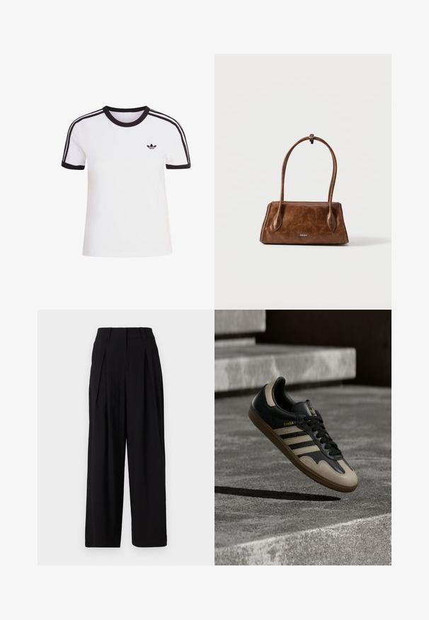 T-shirt blanc à manches courtes avec des accents noirs, dotée d'un col rond et de trois bandes noires sur chaque épaule. Petit logo noir sur la poitrine.; Pantalons larges noirs en tissu lisse, dotés d'une taille haute, de plis à l'avant et d'une silhouette fluide.; Baskets en cuir noir et beige avec trois bandes blanches, semelle en caoutchouc beige et détail en or "Samba" sur le côté.; Sac à main en cuir marron avec longues anses, forme rectangulaire et petit logo argenté DKNY centré sur le devant.