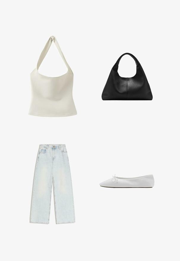 Haut tricoté sans manches de couleur crème avec un col licou torsadé et une taille ajustée.; Jean large bleu clair avec cinq poches, passants pour ceinture et fermeture à bouton sur la ceinture avant.; Ballerine blanche à bout pointu avec un petit nœud sur le dessus et une semelle basse et plate.; Sac à main en cuir noir texturé avec une base large et des anses épaisses et arrondies, présentant une couture verticale centrale et des détails de surpiqûres subtils.