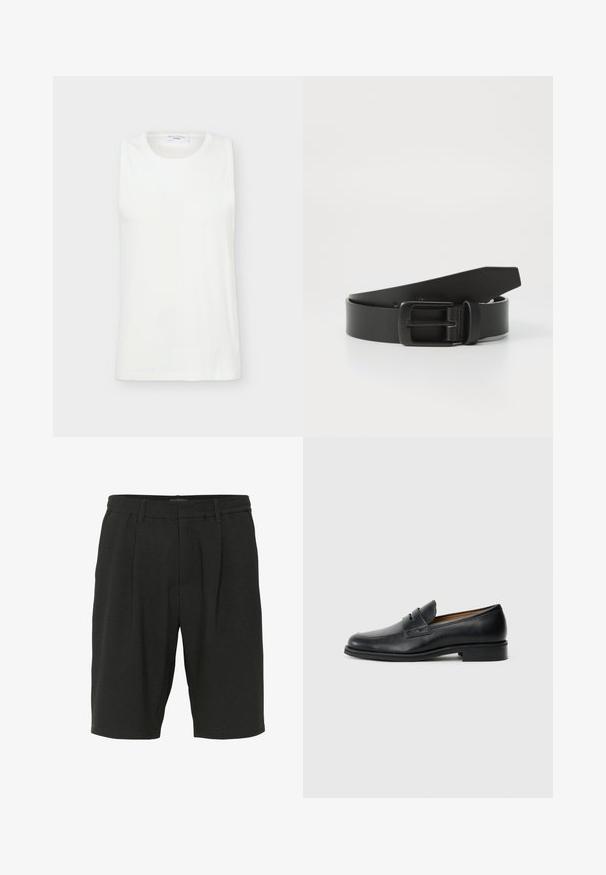 Top blanco sin mangas con cuello redondo, hecho de tela lisa, mostrado plano sobre un fondo claro.; Pantalones cortos negros hechos de tejido texturizado, con un corte relajado, pliegues y una cinturilla elástica para mayor comodidad.; Mocasines de cuero negro con punta redonda, que cuentan con un detalle de correa frontal y un tacón bajo y sólido. Textura suave y diseño estilizado.; Cinturón de cuero negro con hebilla metálica negra mate, que presenta una textura suave y un diseño sencillo. Longitud ajustable con un extremo cónico.