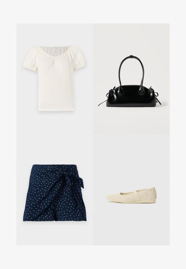 Top blanco de manga corta con un amplio escote en forma de barco, con un ribete vertical texturizado y mangas abullonadas para un detalle adicional.; Bermudas azul marino con un diseño envolvente y detalle en la parte delantera con lazo. Presentan un patrón circular blanco disperso. Hechas de una tela ligera.; Bailarinas beige con un exterior de cuero liso, punta en forma de almendra y una correa elástica en el empeine, con detalles de costura sutiles.; Pequeño bolso negro brillante con dos asas largas y detalles de cordón lateral sobre un fondo claro liso.