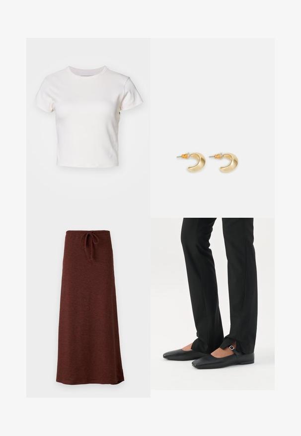 Denim Project DPMDPWRIBBED CROPPED T-SHIRT - Lihtne T-särk - jet stream; Pruun, pikk, kudumisküüruga seelik, millel on tõmblukk. Sile tekstuur, veidi laienev disain ja ühtlane värv ilma mustrite või aktsentideta.; Jalad, mis kannavad mustaid kitsaid pükse esiosal lõhikutega allääres, kombineeritud mustade lameda tallaga Mary Jane kingadega, millel on väike pandlakinnitusega rihm.; Kuldne kuu kujuline kõrvarõngas sileda pinnaga, millel on oranžid aktsendid postide lähedal ja hõbedane riistvara.