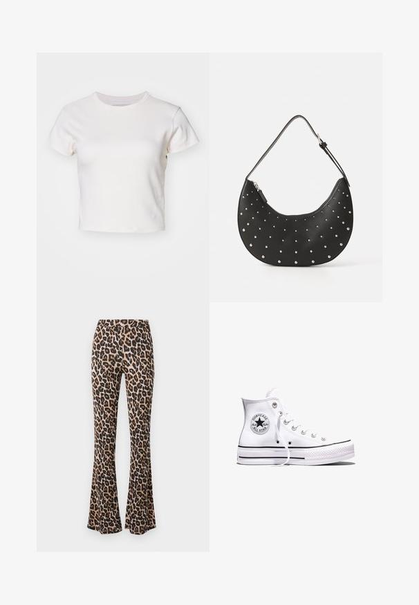 Denim Project DPMDPWRIBBED CROPPED T-SHIRT - Camiseta básica - jet stream; Pantalones acampanados de estampado de leopardo en tono marrón y negro, hechos de una tela suave con una textura lisa, con una cintura ajustada y un dobladillo acampanado.; Zapatilla Converse Chuck Taylor All Star blanca de caña alta con rayas negras y parche de logo en el lateral, mostrada sobre un fondo blanco liso.; Bolso de mano de cuero negro con forma curva, adornado con tachuelas plateadas, cuenta con cierre de cremallera y una sola correa ajustable.