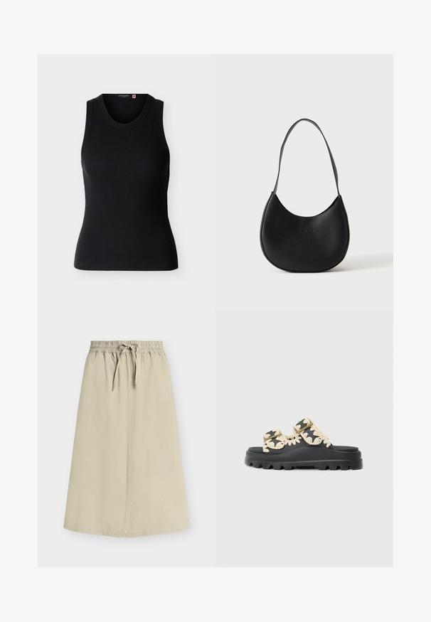 Débardeur noir côtelé sans manches avec encolure ronde, coupe ajustée et petit logo brodé au centre de la poitrine.; Jupe beige longueur genou avec taille élastique et cordon à nouer devant, en tissu léger et lisse.; Sandales noires avec deux larges brides, ornées d'accents tissés de couleur crème et d'une semelle texturée. Profil plat avec une base épaisse et striée.; Sac à épaule en cuir noir en forme de croissant avec une bandoulière unique et un nom de marque discrètement embossé sur un fond clair uni.