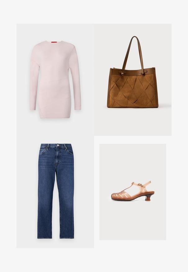 Lyserød bluse med lange ærmer og rund hals, med diagonale sømdetaljer og en glat tekstur.; Denim jeans i en mørkeblå vask. Lige ben-design med fem-lomme stil, front lukning med knap og kontrasterende syning.; Brun gennemsigtig sandal med lav hæl, lukket tåbur-design, ankelrem og en lille buet hæl på en ensfarvet hvid baggrund.; Brun ruskindstaske med quiltet mønster, udstyret med to håndtag og en struktureret form, fremhævet med glatte læderdetailler.
