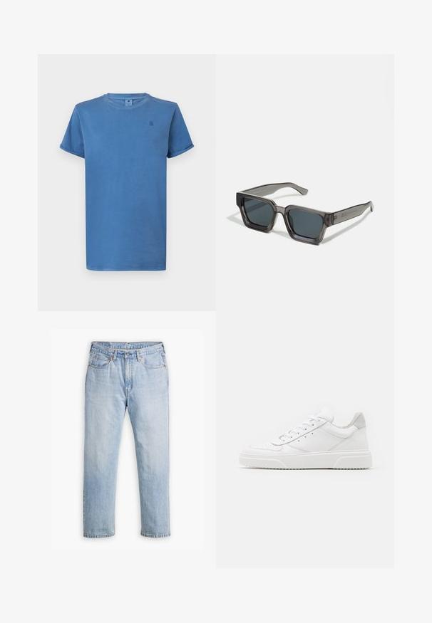 Lichtblauw t-shirt met korte mouwen, gemaakt van zachte katoen, met een ronde hals en een klein logodetail op de borst.; Lichtblauwe denim jeans met een recht model, vijf zakken en contrasterende stiksels. Knopen- en ritssluiting bij de taille.; Witte leren sneakers met een gladde afwerking, ronde neus, platte veters en een gestructureerde zool. Grijze suède accent bij de hiel.; Jack & Jones JACPETER SUNGLASSES UNISEX - Zonnebril - grey
