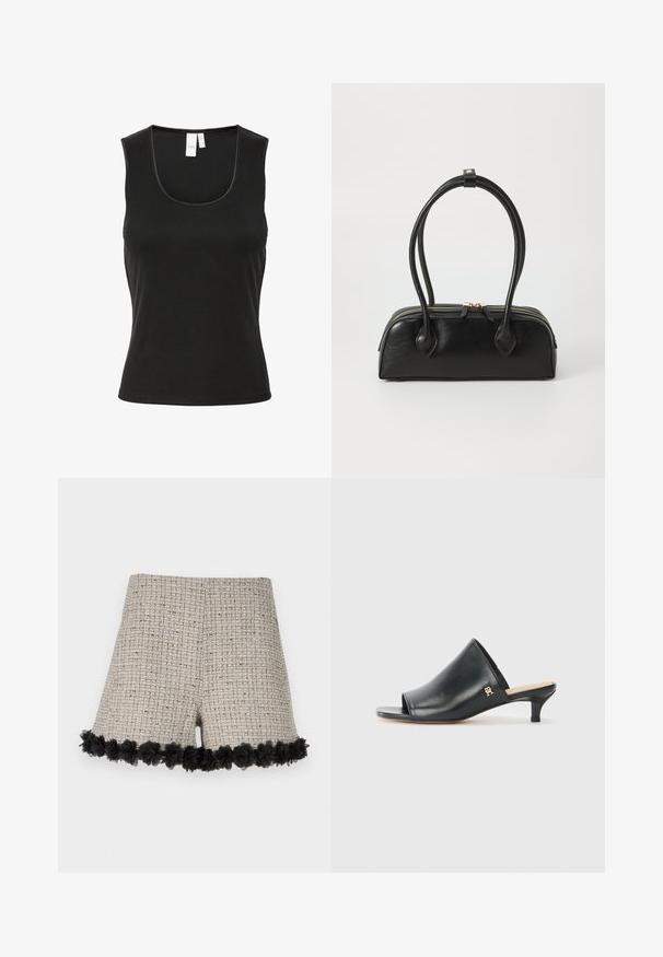 Débardeur noir sans manches en matière ribbed, avec un col rond et une coupe slim. Style minimaliste sans motifs ni accents.; Shorts en tweed beige avec un motif texturé, dotés d'une bordure florale noire au bas. Le design comprend une coupe globalement ajustée.; Mules ouverts en cuir noir avec un talon bas. Présentent une surface lisse et un accent logo doré sur le côté.; Sac à main en cuir noir avec deux anses allongées, fermeture éclair et forme arrondie ; texture lisse avec une finition légèrement brillante.