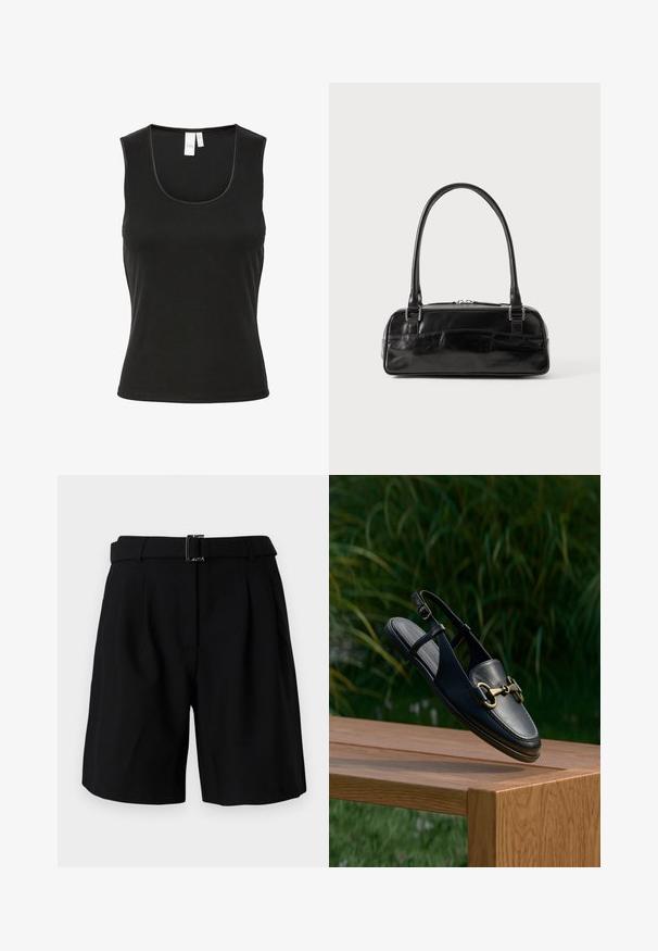 Sort ærmeløs tanktop lavet af ribbet materiale med rund halsudskæring og slim fit design. Minimalistisk stil uden mønstre eller accenter.; Sorte skræddersyede shorts med en glat tekstur, der har en bred talje og en metal spænde detalje. Struktureret design og plisseret front.; Sort læder slingback-sko med rund tå, guldfarvede metaldele og glat tekstur, vist på en træoverflade.; Sort læderhåndtaske med rektangulær form, der har et enkelt struktureret håndtag, sølvhardware og lynlås-lukning. Glat tekstur.