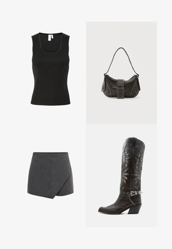 Sort ærmeløs tanktop lavet af ribbet materiale med rund halsudskæring og slim fit design. Minimalistisk stil uden mønstre eller accenter.; Grå kort nederdel med wrap-design i et glat, tekstureret stof. Skræddersyet pasform med en skrå afslutning og rene kanter.; Sort læder cowboystøvle med dekorative udskæringer, sølvspænde og skrå hæl, vist på hvid baggrund.; Sort læder skuldertaske med spænde på remmen, afrundede kanter og kontrasterende hvide syninger på en ensfarvet baggrund.