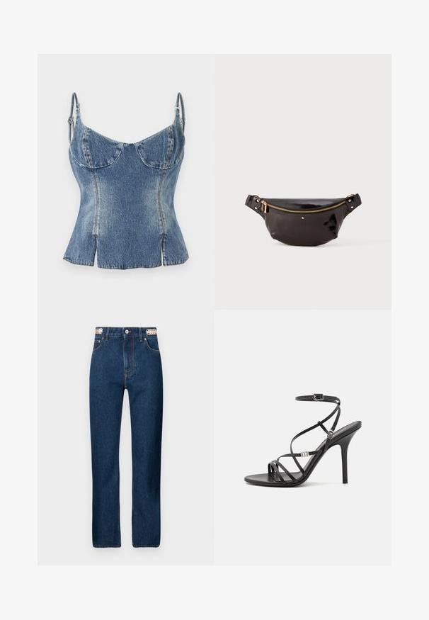 Denim-Corsage-Oberteil mit verstellbaren Trägern, hellblauer Waschung, strukturierten Cups, ausgestellt geschnittenem Saum und seitlichen Schlitzen für eine figurbetonte Silhouette.; Rabanne Jeans Straight Leg - dark blue denim; Schwarze High-Heel-Sandale mit dünnen Riemen, einem Knöchelverschluss, einer glatten Lederoberfläche und einem schlanken Stiletto-Absatz.; Schwarze, glänzende Leder-Tasche mit gewölbtem Design, goldener Reißverschlussakzent, verstellbarem Trageriemen und kleiner dekorativer Hardware.