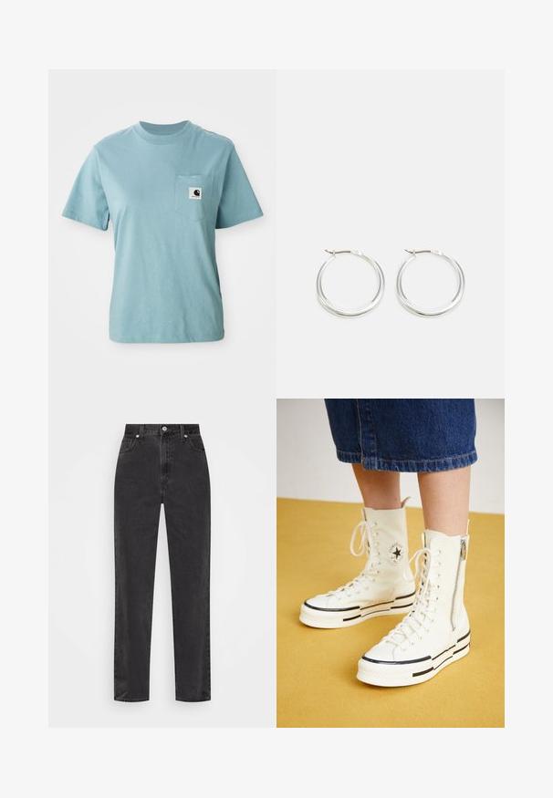 Helles blaues, kurzärmliges Baumwoll-T-Shirt mit Brusttasche, das mit einem kleinen schwarz-weißen Carhartt-Logo-Patch versehen ist.; Schwarze Denim-Jeans mit geradem Bein, hoher Taille, vorderem Knopf und Reißverschluss sowie fünf Taschen auf weißem Hintergrund.; Weiße High-Top-Sneaker mit Reißverschluss, Schnürdesign und schwarzen Streifenakzenten auf einer dicken Sohle. Texturiertes Canvas-Material.; Silberne Creolen zeichnen sich durch ein glattes, rundes Design mit einem schlanken Profil und einem sicheren Verschluss aus. Minimalistischer Stil mit glänzender Oberfläche.
