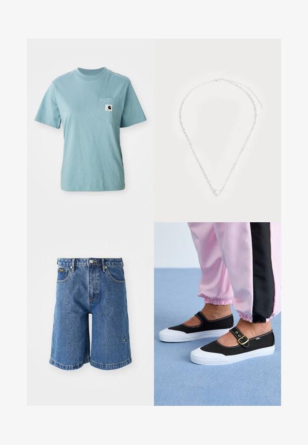 T-shirt en coton léger bleu clair à manches courtes avec poche poitrine affichant un petit patch logo Carhartt noir et blanc.; Shorts en denim bleus, avec une coupe droite, cinq poches et des coutures jaunes contrastées. Comprend un petit logo sur le côté gauche.; Baskets noires en toile avec une semelle blanche, présentant un design découpé et une sangle en boucle dorée. Portées avec un pantalon de survêtement rose.; Collier en chaîne en argent avec un pendentif en forme de cœur en pierre précieuse transparente au centre, des maillons ovales et un fermoir en mousqueton sécurisé.