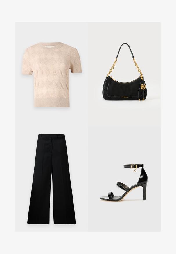 AERON SONIA SHORT SLEEVED - T-shirts basic - hay; Sorte brede bukser lavet af glat stof, med høj talje, to forreste lommer og et enkelt design. Ensartet tekstur uden mønstre.; Sorte patenterede lædersandaler med tre stropper, ankelspænde og 10 cm stiletthæl. Har detaljer i guld og et logo charms.; Sort Michael Kors håndtaske med guldkæde, lynlåslukning og rundt gyldent MK-logo vedhæng på hvid baggrund.
