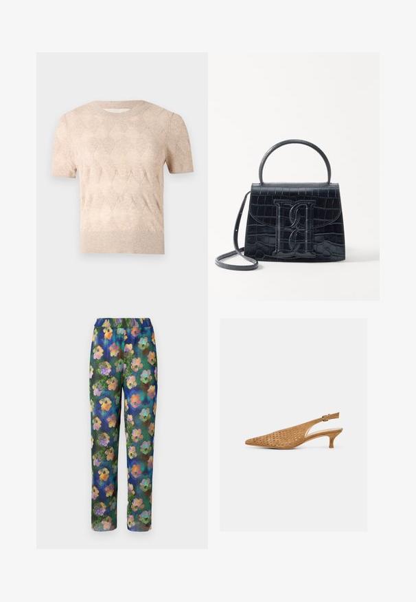 AERON SONIA SHORT SLEEVED - T-shirts basic - hay; Blomsterprintbukser med ribbet tekstur, elastisk talje og en grøn-blå baggrund med farverige blomstermønstre overalt.; Sandfarvet ruskind slingbacksko med spids tå, perforeret overdel og lav kitten-hæl, med justerbar spænderem.; Sort krokodillede læderhandbag med en struktureret design, top-håndtag, justerbar rem og et fremtrædende frontlogo.
