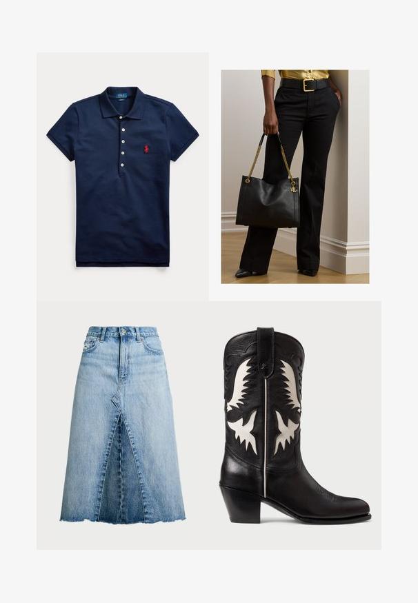Marineblaues kurzärmeliges Poloshirt mit vier weißen Knöpfen und rotem gesticktem Logo auf der linken Brust, flach auf weißem Hintergrund liegend.; Polo Ralph Lauren PANELED DENIM A LINE SKIRT - A-Linien-Rock - lindale wash; Schwarze Ledercowboystiefel mit weißen eckigen Akzenten, dekorativer Stickerei, einer spitzen Zehe und einem niedrigen, gestapelten Absatz.; Person trägt schwarze Hose und gelbes Hemd, hält eine schwarze Lederhandtasche mit goldenem Kettenriemen und steht drinnen auf Holzboden.