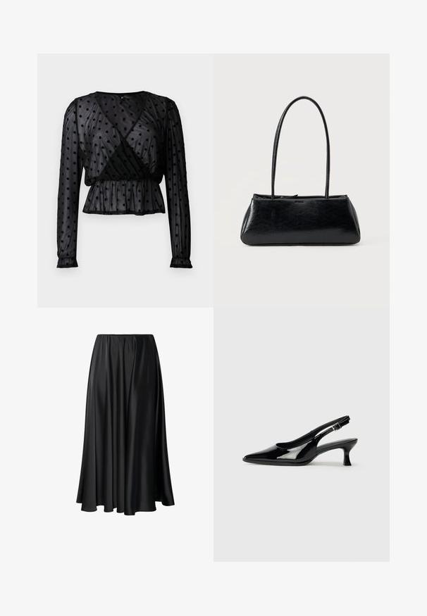 Blusa negra transparente con mangas largas abullonadas, patrón de lunares, diseño cruzado en la parte frontal, cintura fruncida y delicados puños en las muñecas.; Falda maxi negra de tejido suave, con una cinturilla elástica, silueta amplia y un dobladillo fluido sin patrones o detalles visibles.; Zapatos de charol negro tipo slingback con punta afilada y tacón bajo. Correa ajustable con hebilla en el tobillo.; Bolso de hombro rectangular negro con correas largas y delgadas y una textura lisa y brillante sobre un fondo liso.