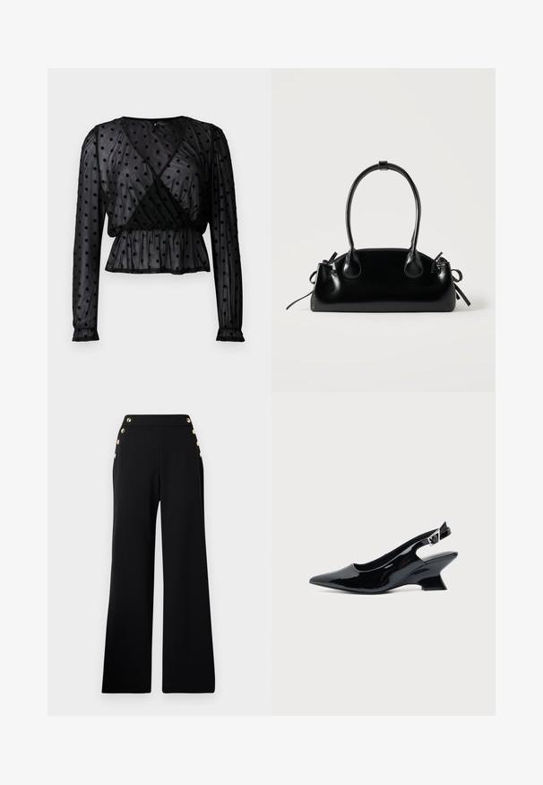 Blusa negra transparente con mangas largas abullonadas, patrón de lunares, diseño cruzado en la parte frontal, cintura fruncida y delicados puños en las muñecas.; Pantalones de pierna ancha de talle alto en negro con botones dorados en la parte delantera y bolsillos en ambas caderas sobre un fondo blanco.; Zapato slingback de cuero charol negro con puntera puntiaguda y tacón bajo en bloque inclinado sobre fondo claro liso.; Pequeño bolso negro brillante con dos asas largas y detalles de cordón lateral sobre un fondo claro liso.