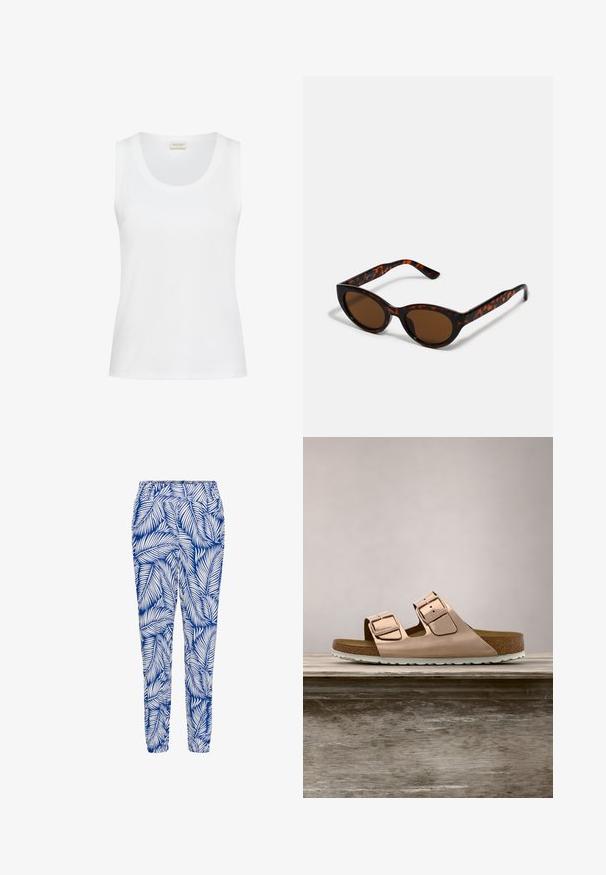 Hvid ærmeløs tanktop med rund halsudskæring, lige kant og synligt mærkeindlæg inde i kraven.; Blå og hvide mønstrede bukser med et bladdesign, elastisk talje og smalle cuffs, lavet af letvægts, åndbart stof.; Rosenfarvede slidesandaler i metal med to justerbare metalspænder, korkfodbed og hvid gummisål. Glat metalfinish, åben tå-design.; Brune skildpadde solbriller med en vintage katteøje-form og brune linser. Har buede arme med røde detaljer.