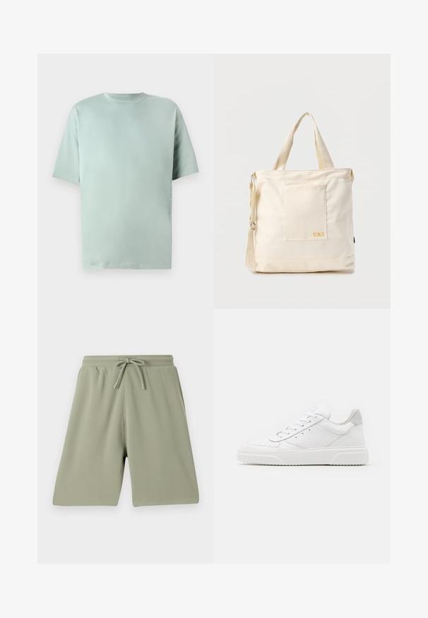 Hellgrünes Baumwoll-T-Shirt mit rundem Halsausschnitt, kurzen Ärmeln und lockerer Passform. Verfügt über ein dezentes Druckdetail an der Seite.; Hellgrüne Shorts aus einem strukturierten Stoff mit einem elastischen Bund und Kordelzug. Gerade geschnitten und knielang.; Weiße Leder-Sneaker mit glatter Oberfläche, rundem Zehenbereich, flachen Schnürsenkeln und strukturiertem Schuhsohlen. Graues Wildleder-Detail an der Ferse.; Beige Canvas-Shopper mit Fronttasche, zwei Griffen, verstellbarem Schulterriemen und kleinem gelbem "O.N.S"-Text unten rechts auf der Tasche.