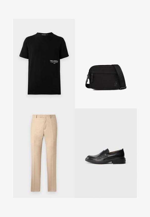 Zwart T-shirt met korte mouwen met witte tekst "KARL LAGERFELD 21 RUE ST-GUILLAUME PARIS" op de linkerborst.; Beige op maat gemaakte broek met een gladde textuur, een rechte voorkant en rechte pijpen. Voorzien van riemlussen en een verborgen ritssluiting.; Zwarte leren instap schoenen met een lage hak en subtiel Calvin Klein-logo aan de zijkant, weergegeven in profiel op een witte achtergrond.; Zwarte rechthoekige schoudertas met een voorvak met rits, een verstelbare schouderband met merk en een klein logo-embleem aan de zijkant.