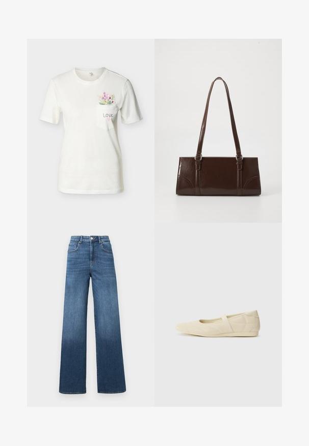 Weißes kurzärmliges Hemd mit rundem Ausschnitt, aufgesetzter Brusttasche mit der Beschriftung "LOVE", hält einen Blumenstrauß aus rosa und grünen Blumen.; Weite Denim-Jeans in Mittelblau mit einem allmählichen Aufhellungseffekt bis zum Saum, ausgestattet mit einem Standardknopf und einem Reißverschluss.; Beige Ballerinas aus glattem Leder mit mandelförmiger Zehenpartie und elastischem Riemen über dem Fußrücken, ausgestattet mit dezenten Nähtelementen.; Braune Lackleder-Handtasche in rechteckiger Form, mit zwei langen Griffen und subtilen, geschwungenen Akzenten auf der Vorderseite.