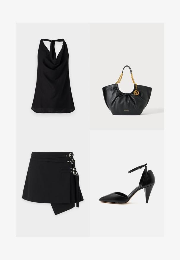 Top noir sans manches avec un décolleté drapé, un dos nu avec une fermeture à lien, et une silhouette fluide. Fabriqué en tissu léger.; Jupe asymétrique noire avec trois sangles à boucle argentée sur le côté droit et détail en tissu superposé.; Escarpin en cuir noir à bout pointu avec bride à la cheville et talon conique sur fond blanc.; Sac à main Michael Kors en cuir noir avec haut froncé, anses en chaîne dorée et charm rond avec logo doré sur un côté.