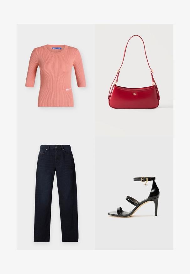 Roze geribd gebreid topje met korte mouwen, ronde hals en klein wit "Karl Lagerfeld Jeans" logo vlakbij de zoom.; Donkerblauwe rechte jeans met voorzakken, riemlussen en knoopsluiting, plat gelegd op een witte achtergrond.; Zwarte gepatineerde leren sandaal met drie banden, enkelgesp en 10 cm hoge stiletto hak. Bevat gouden hardwaredetails en een logo charm.; Rode leren schoudertas met gouden "cK" logo-embleem en verstelbare riem tegen een effen lichte achtergrond.