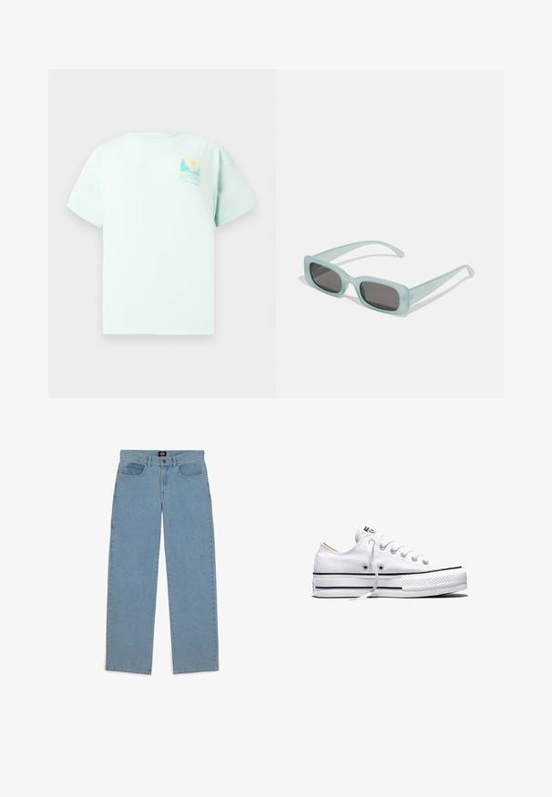 Mintgroene T-shirt van katoen, met korte mouwen en een rond decolleté. Aan de voorkant staat een grafisch logo met een landschap en zon ontwerp.; Lichtblauwe jeans, losse pasvorm, denim stof, vijf-pocket ontwerp, knoopsluiting, rechte pijpen, zichtbare stiksels, geen patronen of accenten.; Witte lage canvas sneaker met witte veters, zwarte strepen op de zool en een rubberen, getextureerde neuskap, zijaanzicht op een witte achtergrond.; Een paar rechthoekige zonnebrillen met lichtblauwe doorzichtige monturen en donkergrijze glazen, met rechte pootjes en minimale hardwaredetails.