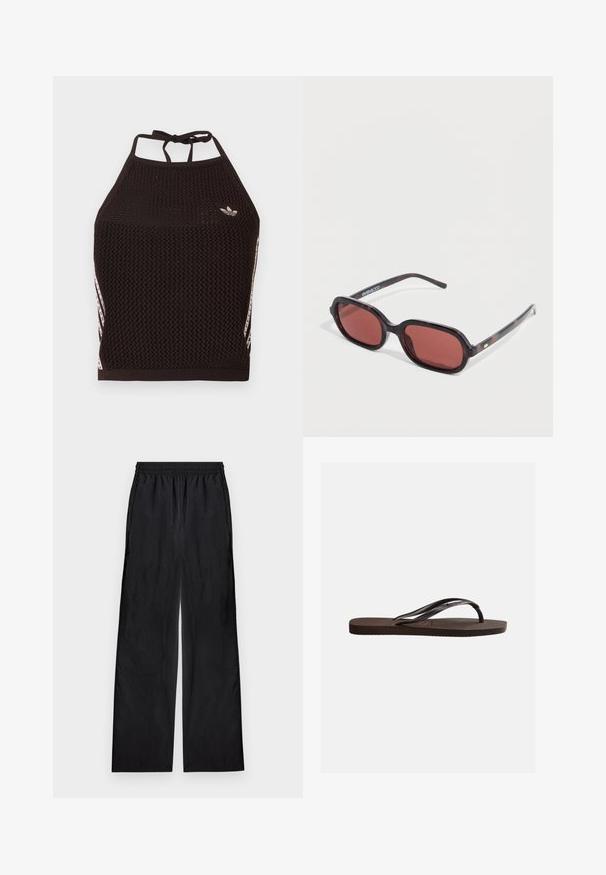 Haut court en maille noire avec un design texturé. Présente des bandes d'accent roses et un petit logo à l'avant. Fermeture à nouer dans le dos.; Pantalon noir à jambes larges avec taille élastique, en tissu léger, présenté à plat sur un fond clair.; Tongs marron en caoutchouc avec semelle texturée et fines lanières en forme de Y sur fond blanc uni.; Lunettes de soleil écaille avec montures ovales, verres rougeâtres et branches fines. Dotées d'un petit accent doré et du logo sur la branche.