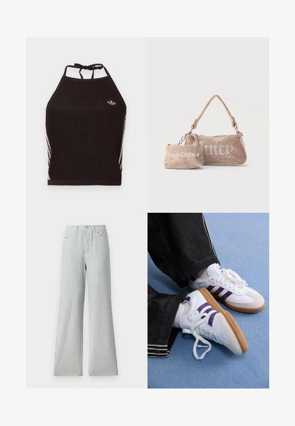 Sort mesh halter crop top med tekstureret design. Har pink accentstriber og en lille logo foran. Lukning med bånd bagpå.; Stribede bukser med vidde lavet af letvægtsstof, prydet med lodrette blå og hvide striber, højt liv og frontlommer.; Hvide sportsko med lilla striber og brune gummisåler, med runde snørebånd og polstret krave. Båret med mørke denimbukser.; To beige ruskind Juicy Couture-tasker, den ene en lille håndledsmappe med logo, den anden en skuldertaske med rhinsten "Juicy" tekst.