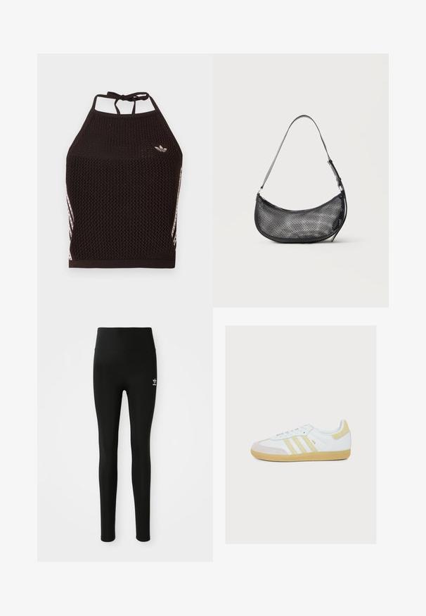 Schwarzes Netz-Halfter-Cropped-Top mit strukturiertem Design. Mit pinkfarbenen Akzentstreifen und kleinem Logo vorne. Mit Rückenknotenverschluss.; Schwarze Leggings aus dehnbarem Material mit hohem Bund, ausgestattet mit einem kleinen weißen Adidas-Logo am linken Bein. Glatte Textur.; Weißer Adidas Samba Sneaker mit beigen Veloursstreifen, Ferseneinsatz, Zehenüberzug und Gummisohle auf weißem Hintergrund.; Kleine schwarze Netz-Schultertasche in Halbmondform mit verstellbarem dünnem Riemen vor schlichtem, hellem Hintergrund.