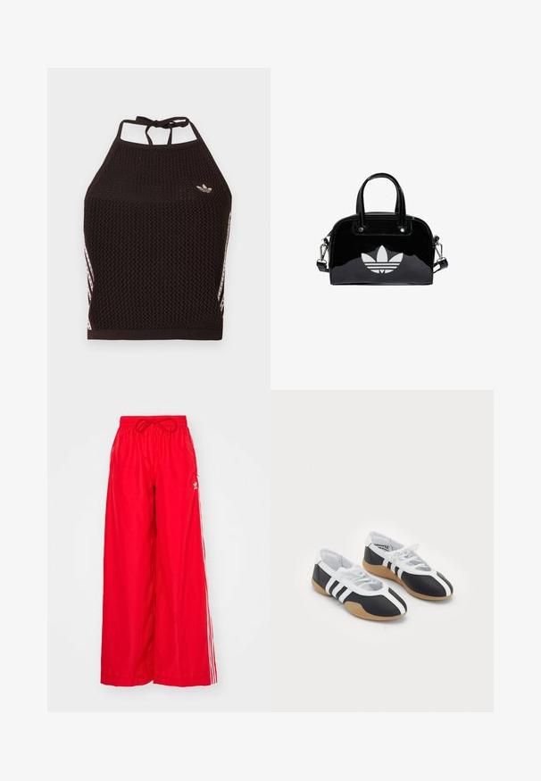 Čierny sieťovaný crop top so štruktúrovaným dizajnom. Má ružové akcentové pruhy a malú logo na prednej strane. Zaviazanie na chrbte.; Červené široké nohavice vyrobené z ľahkého materiálu, s bielymi bočnými prúžkami a elastickým pásom so šnúrkou.; Čierne a biele športové topánky s elegantným dizajnom, gumovou podrážkou, šnurovaním a tromi bielymi prúžkami na bokoch.; Čierna lakovaná kožená kabelka s okrúhlym tvarom, dvojitými hornými rúčkami, striebornými akcentmi a výrazným bielym logom na prednej strane.