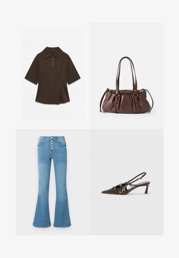 Brun kortærmet polo med bred krave, fire knapper og en asymmetrisk lægdetalje foran.; Lyseblå vide jeans lavet af denim, med højtaljet talje, fem knapper i gylpen og subtil udtoning foran for tekstur.; Brune patenteret læder slingback hæl med spids tå, justerbare stropper og dekorative spænder foran. 3-tommers hælhøjde.; Brun læderhåndtaske med to lange håndtag, samlet design, aksenter i guldtonet metal og en tekstureret overflade.