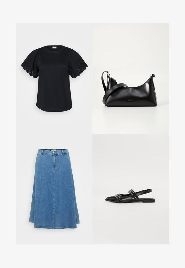Camiseta negra de manga corta con mangas abullonadas que presentan detalles de encaje y bordes en forma de ola, confeccionada en suave tela de algodón con un corte holgado.; Falda en A de denim azul con cinturilla, cierre frontal de botones y costuras cosidas. El material muestra una textura de denim estándar.; Even&Odd by Zalando Bailarinas con tira trasera - black; Bolso de mano de cuero negro con una textura suave. Cuenta con una correa ajustable y un diseño elegante y minimalista con cierre de cremallera.