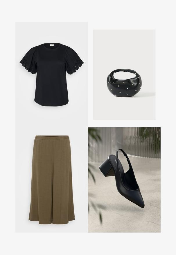 Schwarzes T-Shirt mit kurzen Puffärmeln, verziert mit Spitzenakzenten und gewellten Kanten, aus weichem Baumwollstoff mit lockerer Passform.; Olivegrüne weit geschnittene Hose aus leichtem Stoff. Mit einem elastischen Bund und einem lockeren Schnitt, der eine glatte, fließende Textur aufweist.; Schwarze Leder-Slingback-Pumps mit spitzem Zehenbereich und Blockabsatz. Glatte Textur, minimalistisches Design und verstellbarer Knöchelriemen.; Schwarze Lederhandtasche mit abgerundeter Form, verziert mit silbernen Nietenakzenten und kurzem Griff. Glatte Struktur und Reißverschlussverschluss.