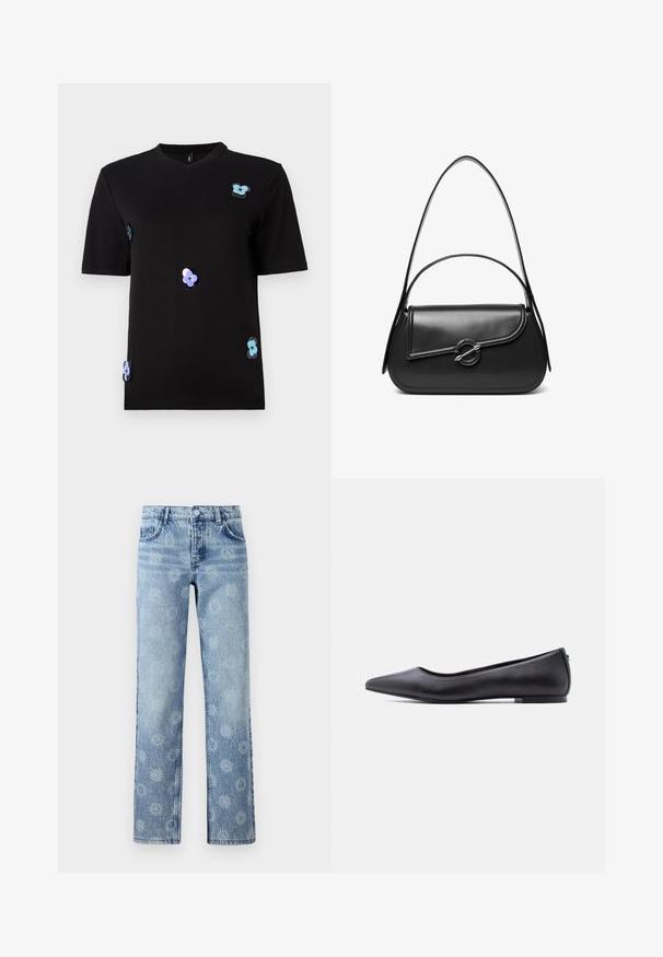 Sort t-shirt lavet af bomuld, med korte ærmer og rund halsudskæring. Accentueret med multicolorer blomsterapplikationer.; Lysblå denim jeans med en let falmet finish, prydet med et blomsterdesign, fem lommer og lige ben.; Sort flad lædersko med spidst tåparti og lav hæl, vist i sideprofil mod en hvid baggrund.; Sort skuldertaske i læder med en buet klap, der er fastgjort med en rund metal spænde, og en slank, justerbar rem.