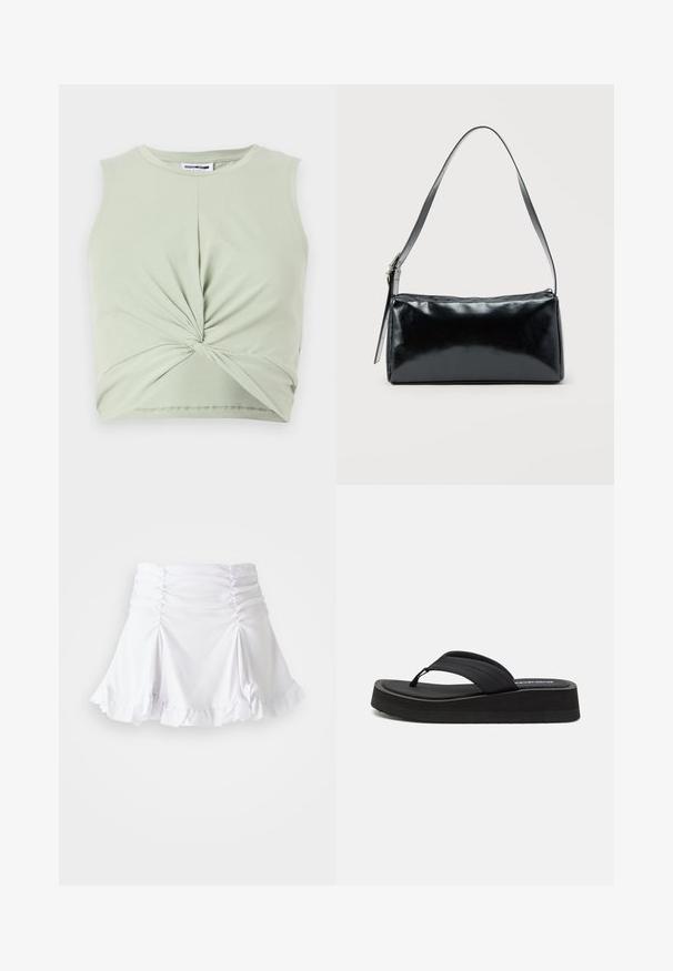 Top sin mangas de color verde claro, hecho de material suave, que presenta un detalle frontal retorcido y un diseño ajustado. Textura suave, escote redondeado.; Falda blanca de tela texturizada con detalles fruncidos y dobladillo con volantes. Presenta un diseño acampanado con una cintura ajustada.; Even&Odd Wide Fit Sandalias de dedo - black; Bolso de hombro rectangular negro con una correa ajustable y un cierre de cremallera superior sobre un fondo liso.