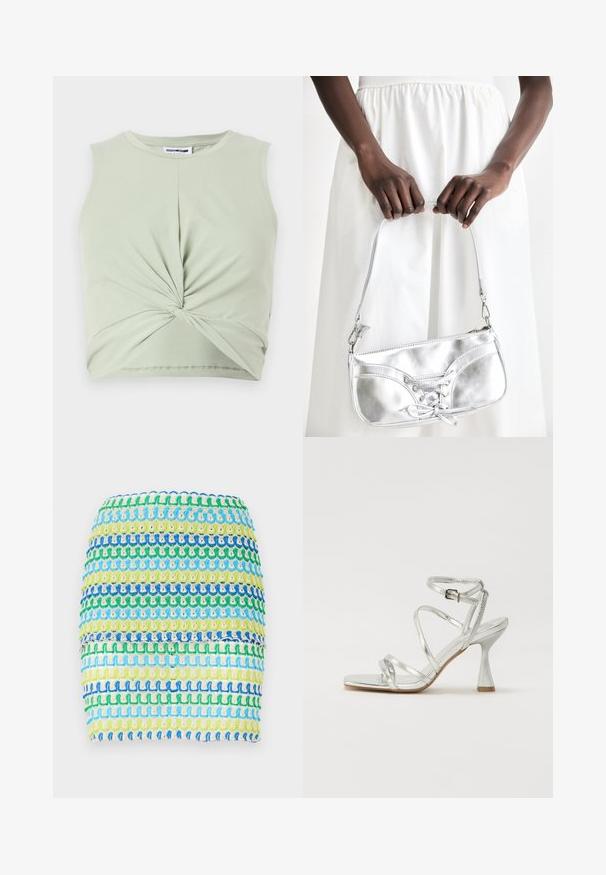 Top sin mangas de color verde claro, hecho de material suave, que presenta un detalle frontal retorcido y un diseño ajustado. Textura suave, escote redondeado.; Minifalda de tejido con rayas horizontales en azul, verde y amarillo. El diseño tiene una apariencia texturizada y tejida con un efecto en capas.; Sandalia de tacón alto plateada con múltiples correas entrecruzadas, una correa ajustable en el tobillo y un tacón esculpido, todo con un acabado metálico brillante.; Bolso metálico plateado con detalle de cordones, que presenta un diseño elegante y una correa corta. El bolso está sostenido con las manos, mostrando su textura.