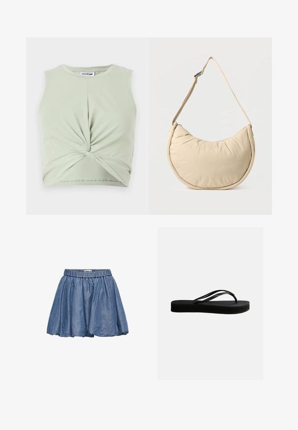 Lichtgroene mouwloze top gemaakt van zacht materiaal, met een gedraaide voorkant en een aansluitend ontwerp. Gladde textuur, ronde halslijn.; Denim rok met een elastische tailleband, uitlopende ontwerp en een lichtblauwe kleur. Heeft een zachte textuur en geplooide stof.; Zwarte rubberen teenslipper met gestructureerd zool en Y-vormige band, zijaanzicht op een effen lichte achtergrond.; Beige schoudertas in halve maanvorm met een zachte, gewatteerde textuur. Voorzien van een verstelbare riem en een ritssluiting langs de bovenkant.
