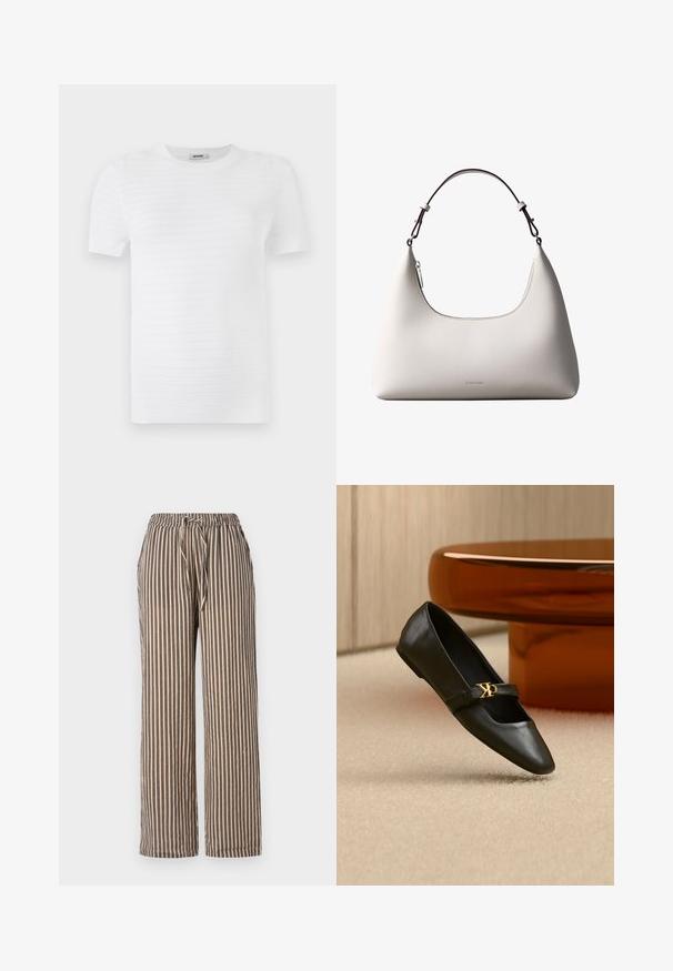 Hvid kortærmet t-shirt lavet af struktureret stof med et ribbet mønster. Designet har en rund udskæring og en lige pasform.; Bredde bukser med striber i beige med marineblå lodrette striber. De har en elastisk talje med snøre og sidelommer. Blød stoftekstur.; Sort læder flad sko med spids tå og gyldent CK-logo på rem, placeret på beige tæppe nær et rundt ravbrunt bord.; Cremefarvet skuldertaske i læder fra Calvin Klein med buet topkant, sølvfarvet lynlås og mørkebrun justerbar rem.